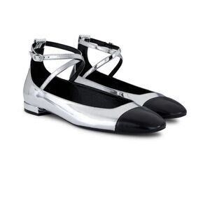 Stuart Weitzman Eden Leather Ankle-Wrap Flats Silver Women’s Size 7 NEW